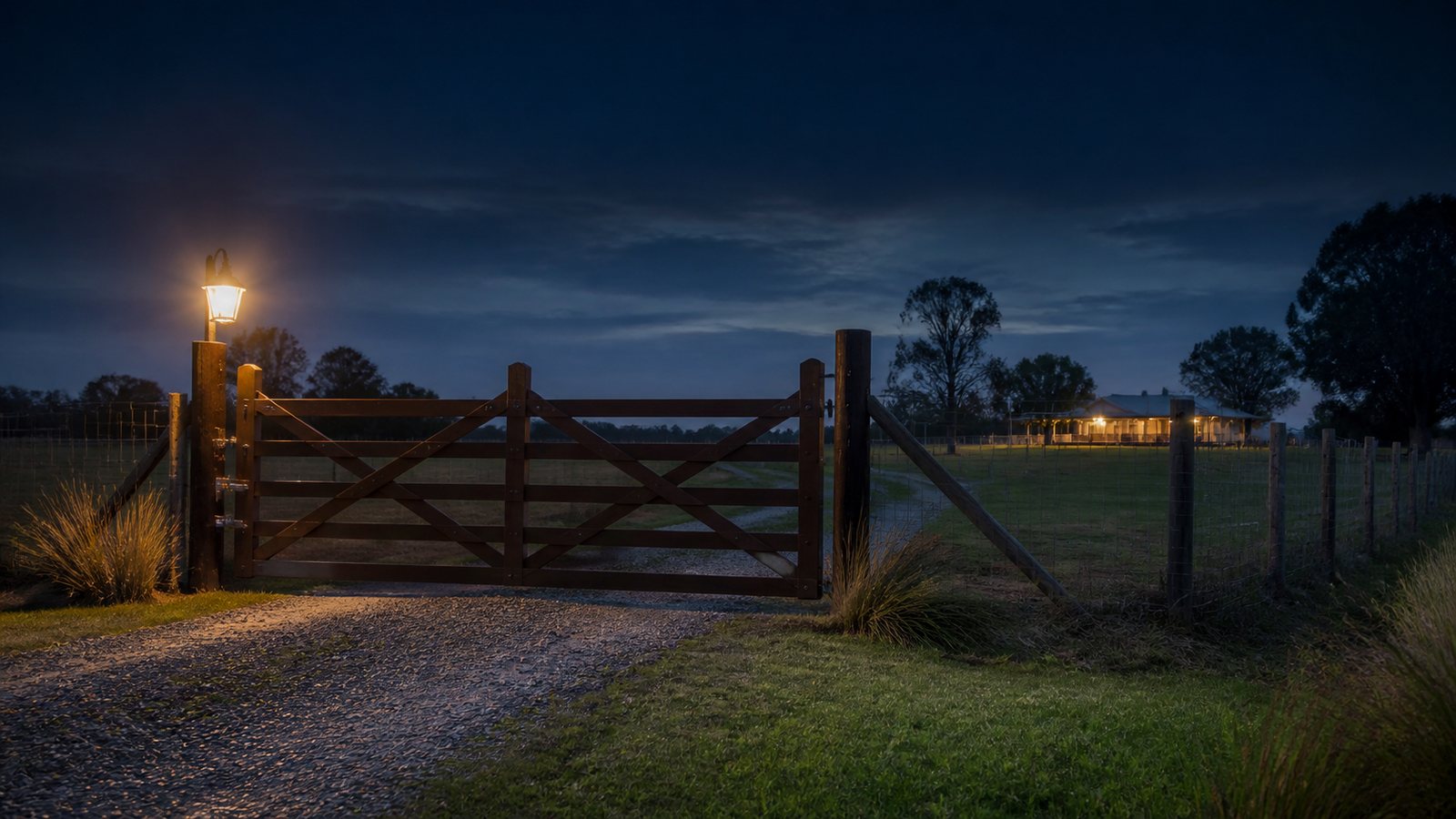 Entrada de un establecimiento rural al atardecer, imagen ilustrativa de demostración